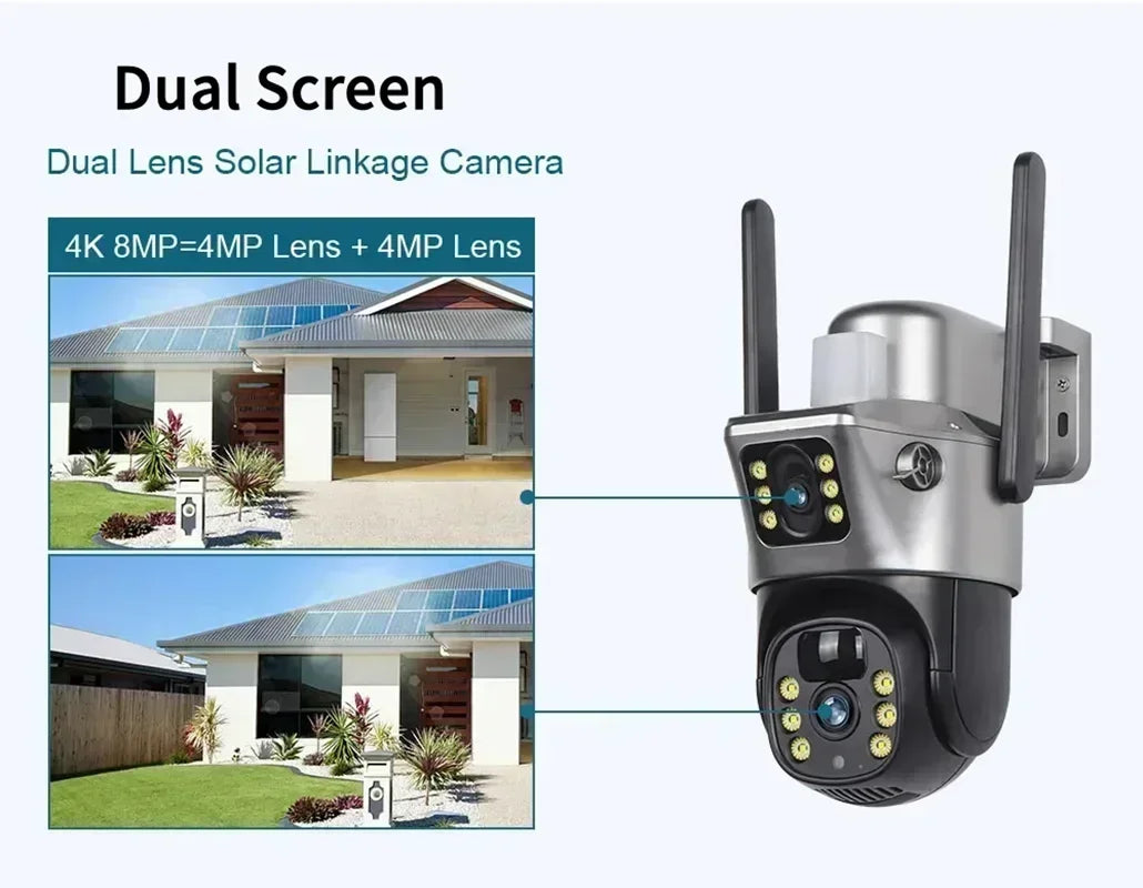 Tahlitech Solar Camera 4G Sim Card Wifi  Dual Lens WiFi 8MP 4K IP Camara Solar Panel CCTV Security Built in Battery PIR Cam V380