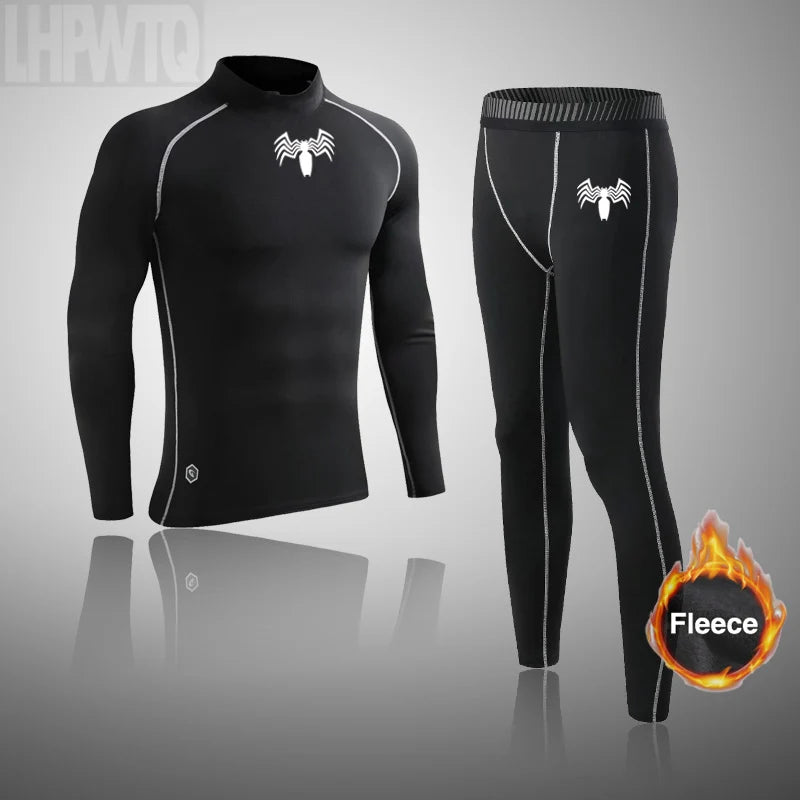 High Collar Men's Sports Ski Thermal Underwear Set Suits Gym Compression Suit Running Men Ski Thermal Bottom Fleece Clothes