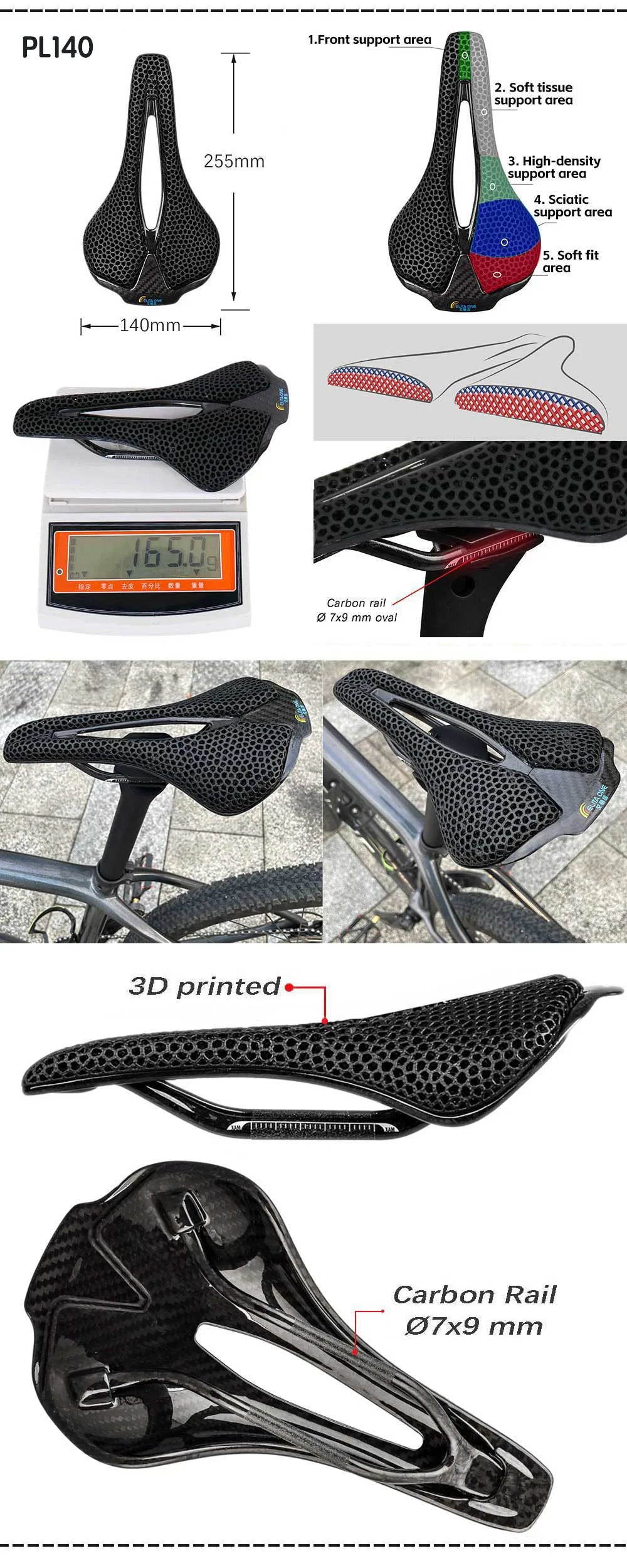 elitaone Carbon 3D Printed Bicycle Saddle 255x140mm Light Road MTB Mountain Racing Bike Seat Cushion Cycling Seating Acc