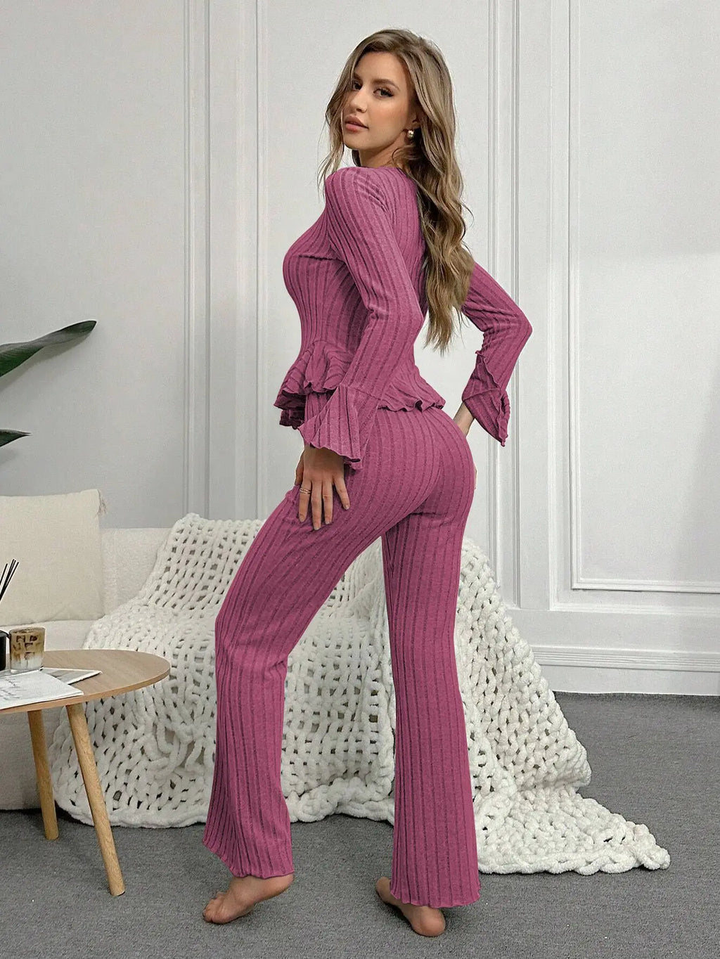 Women Sleepwear Autumn Winter Sexy Pajamas Sets Two Pieces V Neck Long Sleeve Tops and Trousers Set Loungewear Home Clothes