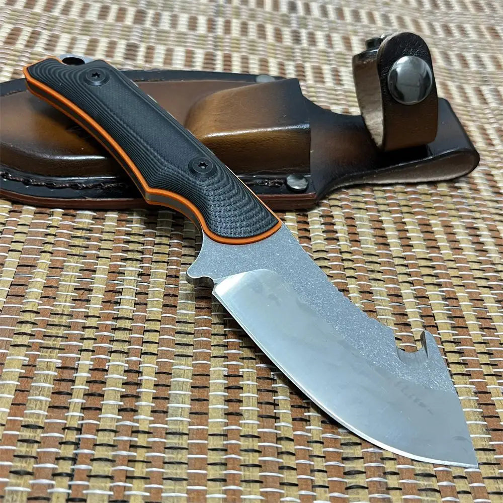 Hunting knife EDC Outdoor Fixed Blade Hunting Knife, G10 Anti-slip Handle with Cowhide Sheath, for Tactical Camping Hiking Tool