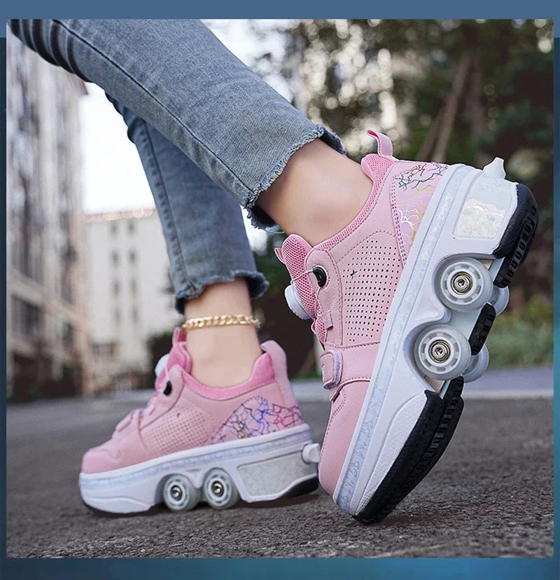 Latest  Boys  Teens Street Roller Shoes Double Wheel Casual Running Shoes  Indoor And Outdoor Beginners Parkour Skate Shoes