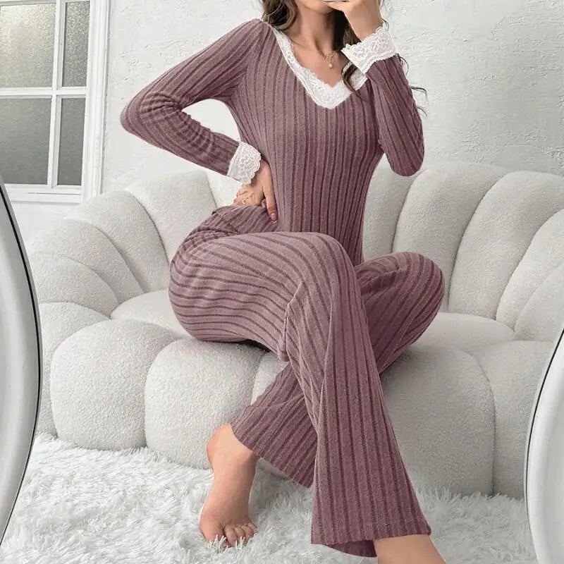 Women Autumn Winter Fashion Comfort Long Sleeve Home Clothes Two Piece Set Casual Style V Neck Lace Pit Strip Knitted Pajamaset