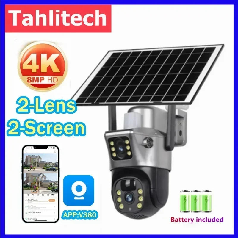 Tahlitech Solar Camera 4G Sim Card Wifi  Dual Lens WiFi 8MP 4K IP Camara Solar Panel CCTV Security Built in Battery PIR Cam V380