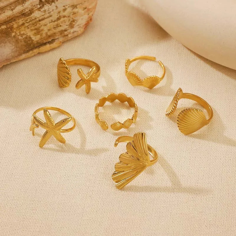 Stainless Steel Shell Finger Rings for Women Men Fashion Gold Color Starfish Opening Adjustable Rings Party Jewelry Accessories