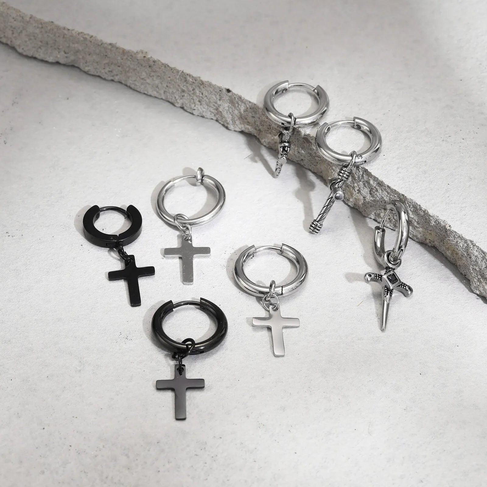 Vnox Single Stainless Steel Men Cross Punk Dangle Earrings High-end Fashion Hoop Earrings For Boys Ear Jewelry Friendship Gifts