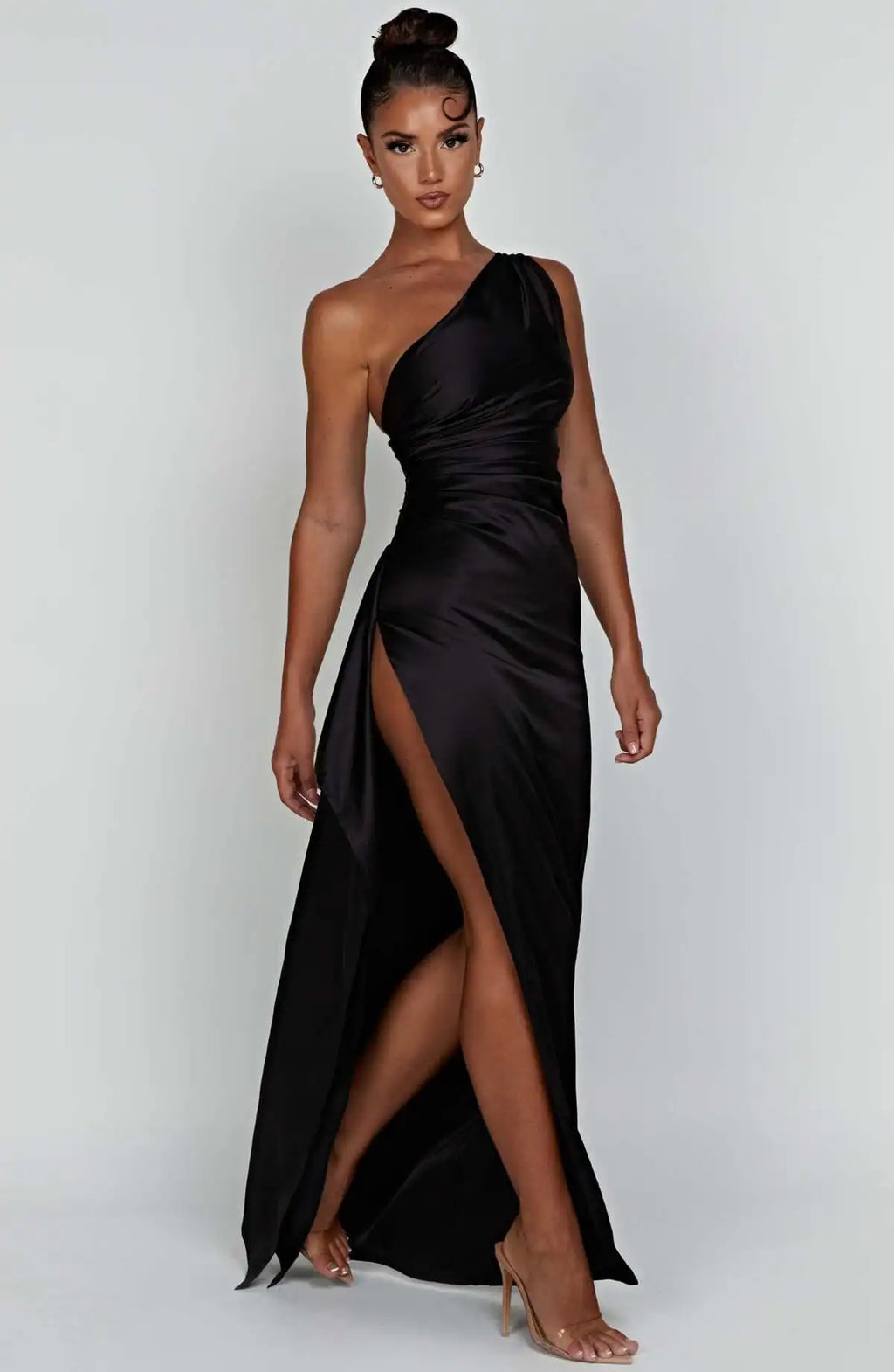 New women's one shoulder sloping collar backless slit satin pleated elegant cocktail party evening prom dress