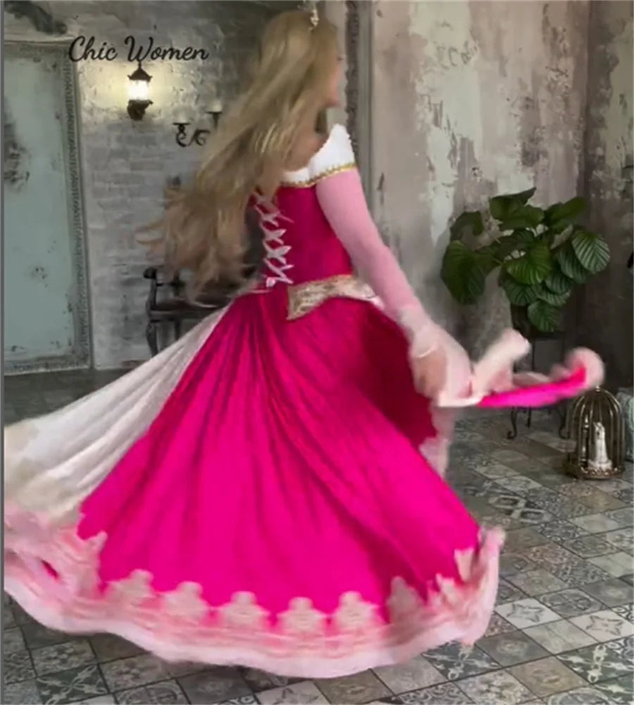 Cinderalle Hot Pink Prom Dress Costume 1860s Cosplay Evening Dress Appliques Long Sleeve Victorian Aesthetic Party Customized