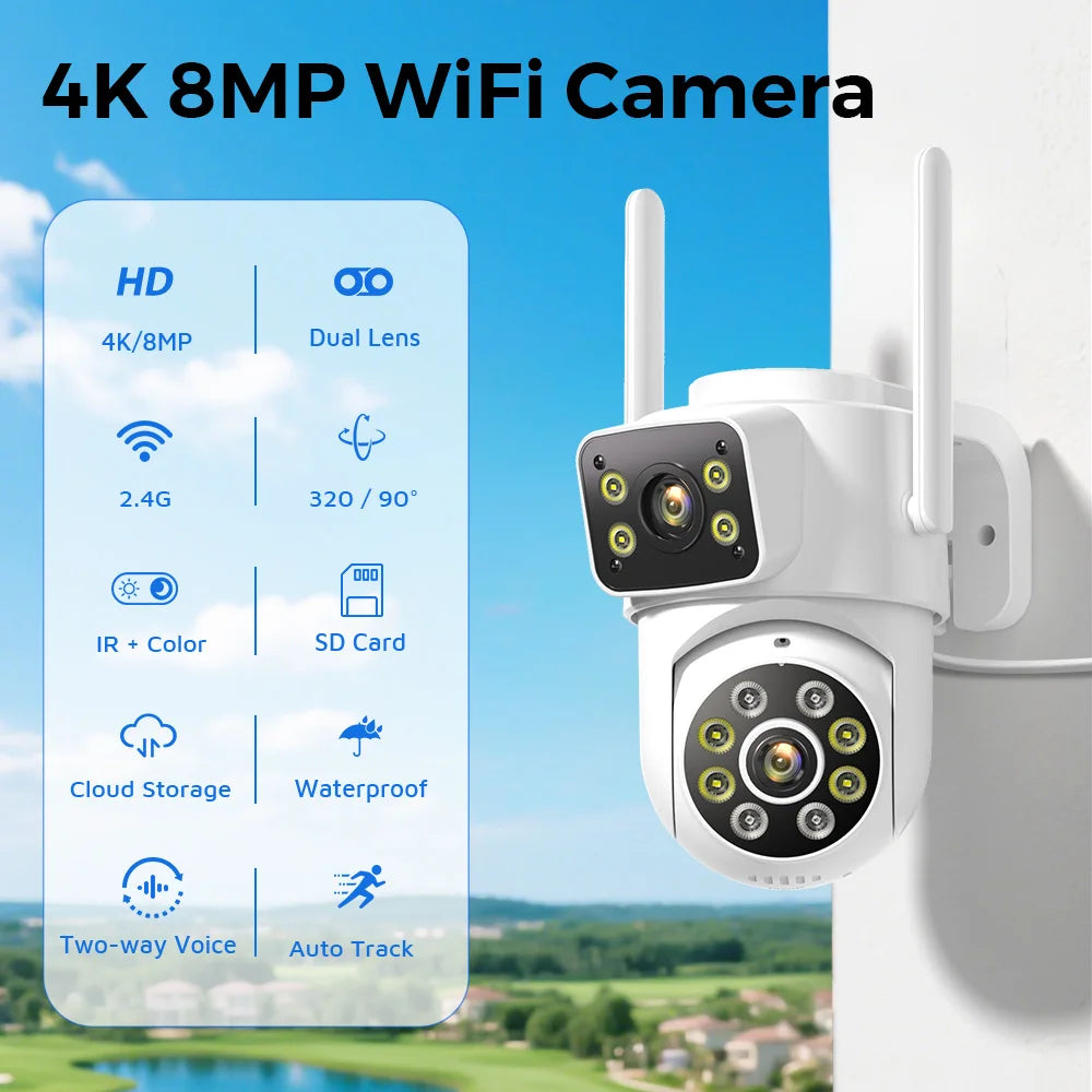 BESDER 8MP Wifi Camera PTZ Dual Screens Outdoor  Human Detection Auto Tracking 6MP CCTV Surveillance IP Camera P2P Audio iCSee
