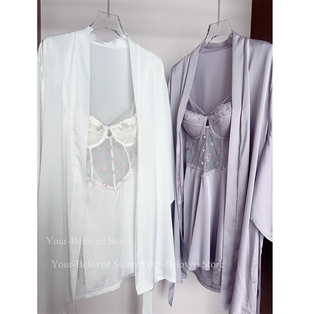 Women Home Clothes Sleeping Nightdress White Nightgown Silk Satin Lingerie Embroider Flower Chemise Lingerie Summer Robe Suit