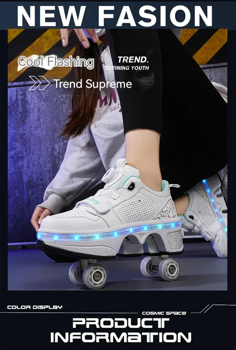 Latest  Boys  Teens Street Roller Shoes Double Wheel Casual Running Shoes  Indoor And Outdoor Beginners Parkour Skate Shoes