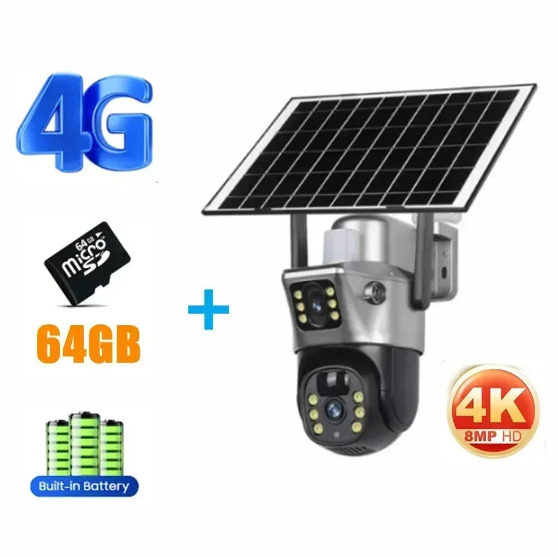 Tahlitech Solar Camera 4G Sim Card Wifi  Dual Lens WiFi 8MP 4K IP Camara Solar Panel CCTV Security Built in Battery PIR Cam V380