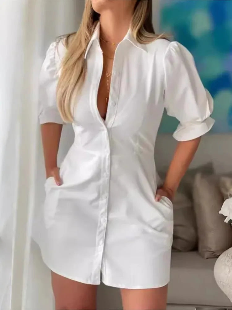Women's Elegant White Blouses Dress Turn-down Collar Mini Dress Casual Office High Waist Slim Dresses Women Clothes Summer New