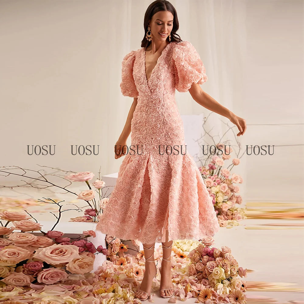 Pink Prom Dresses 2025 3D Rose Flowers Luxury Mermaid Cocktail Gown Midi Half Puff Sleeves V Neck Tea Length Sweetie Party Dress