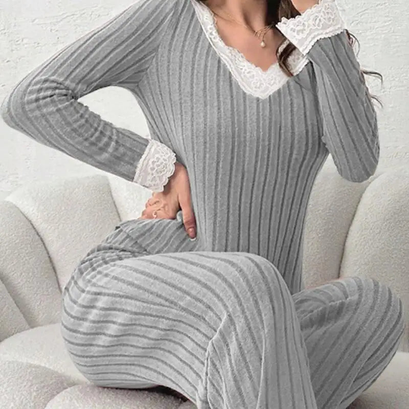 Women Autumn Winter Fashion Comfort Long Sleeve Home Clothes Two Piece Set Casual Style V Neck Lace Pit Strip Knitted Pajamaset