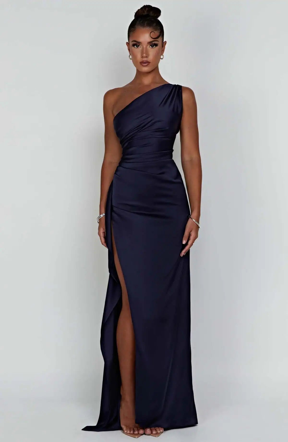 New women's one shoulder sloping collar backless slit satin pleated elegant cocktail party evening prom dress