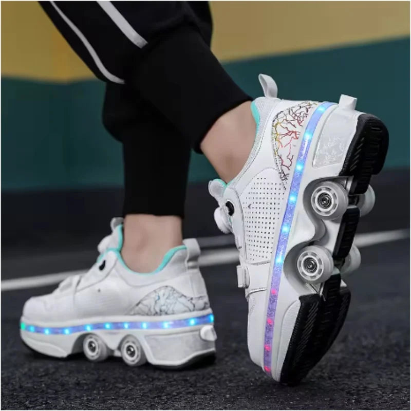 Latest  Boys  Teens Street Roller Shoes Double Wheel Casual Running Shoes  Indoor And Outdoor Beginners Parkour Skate Shoes