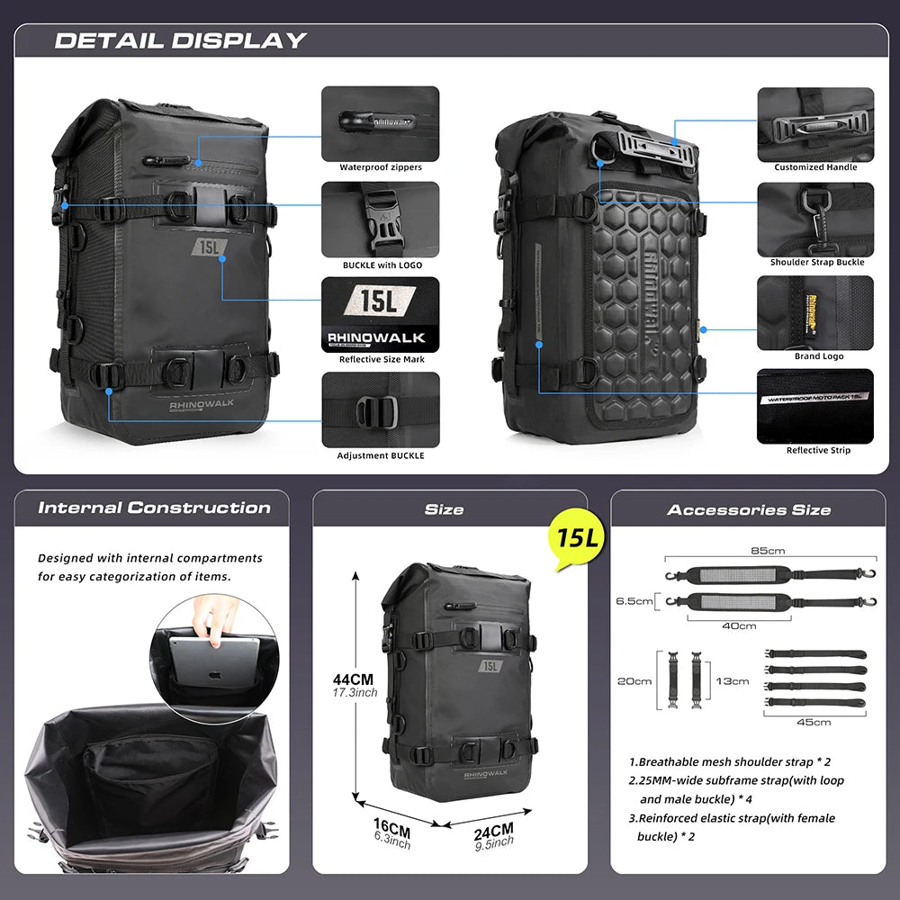 Rhinowalk Motorcycle Tail Bag 100%Waterproof Cycling Backpack 8L 15L 30L Motor Side Saddle Pack Travel Luggage Box Accessories