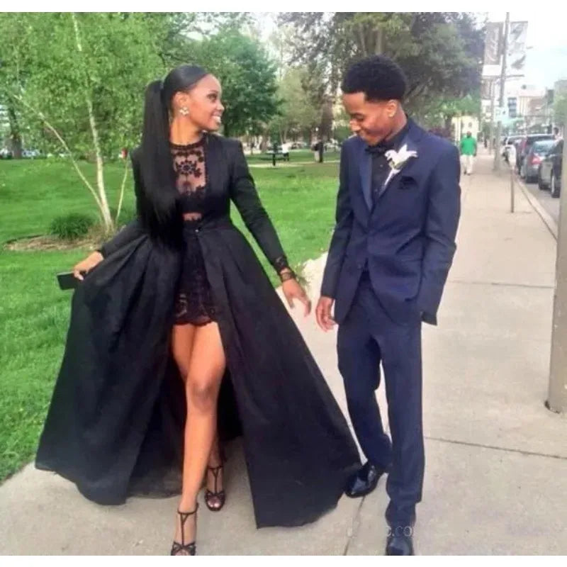 Hot Black Prom Dresses Two Pieces Jewel Neck Lace Short Dress With Detached Long Sleeve Taffeta Jacket Evening Dresse Customized