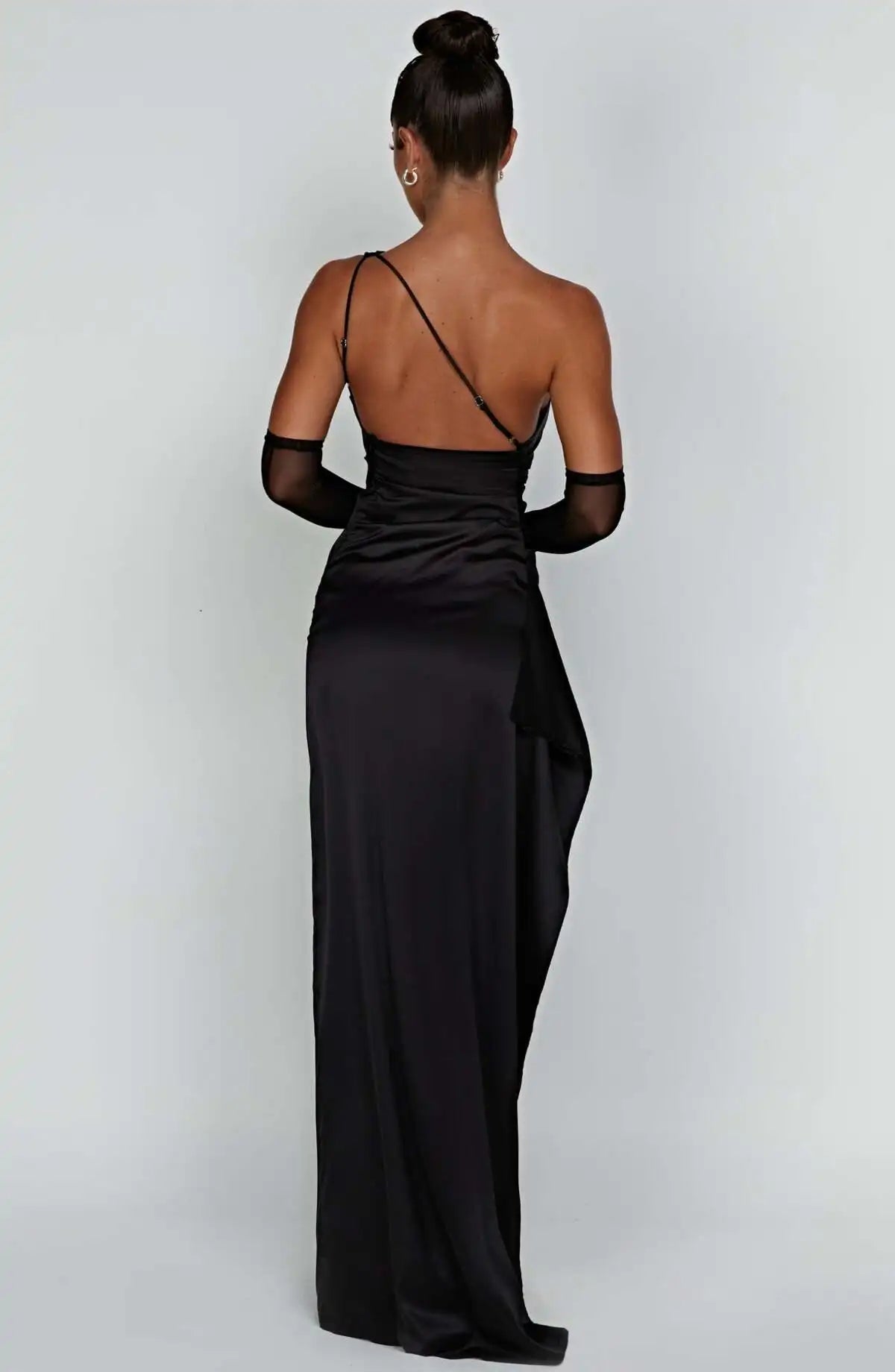 New women's one shoulder sloping collar backless slit satin pleated elegant cocktail party evening prom dress