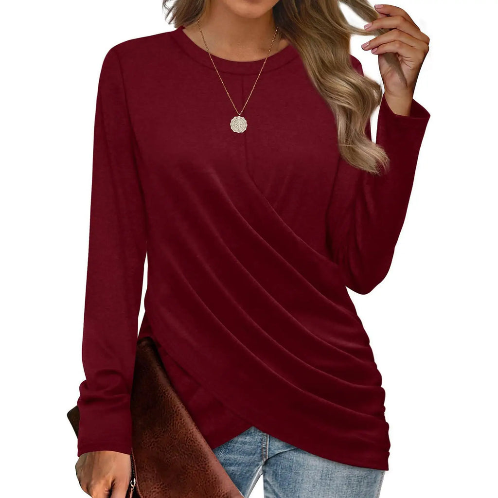 Women's Clothing 2024 Autumn Winter New Solid Color T-shirt Casual Round Neck Cross Pleated Loose Long Sleeved Top