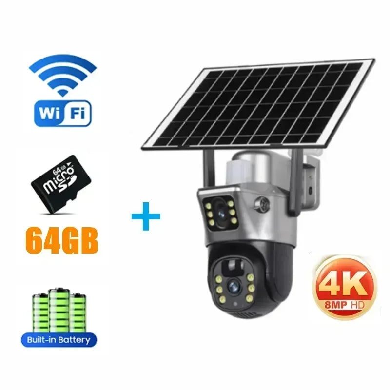 Tahlitech Solar Camera 4G Sim Card Wifi  Dual Lens WiFi 8MP 4K IP Camara Solar Panel CCTV Security Built in Battery PIR Cam V380