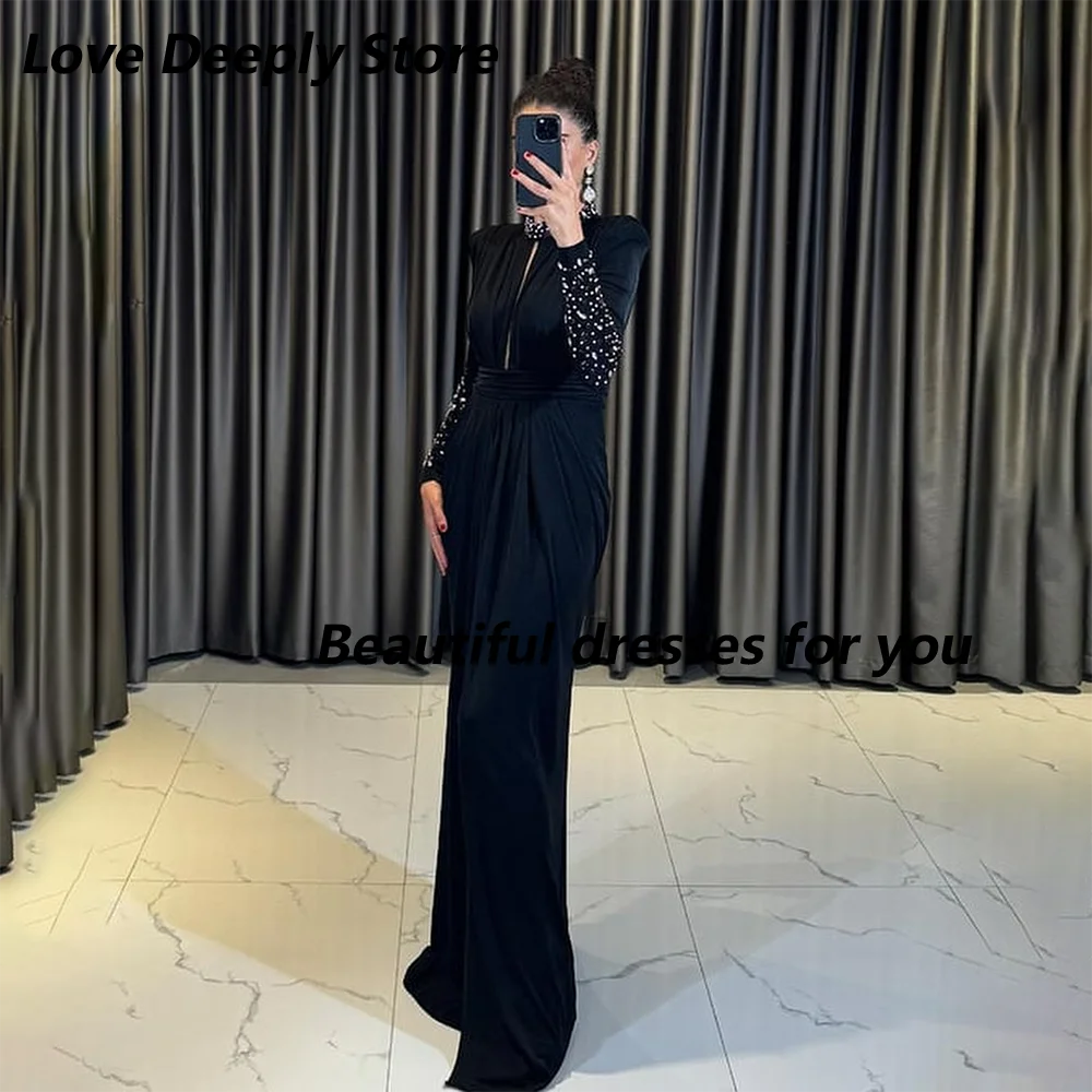 Black Prom Dress High Neck Bead Long Sleeves Luxury Evening Gowns Floor Length Slit Trumpet Formal Party Dresses Customized