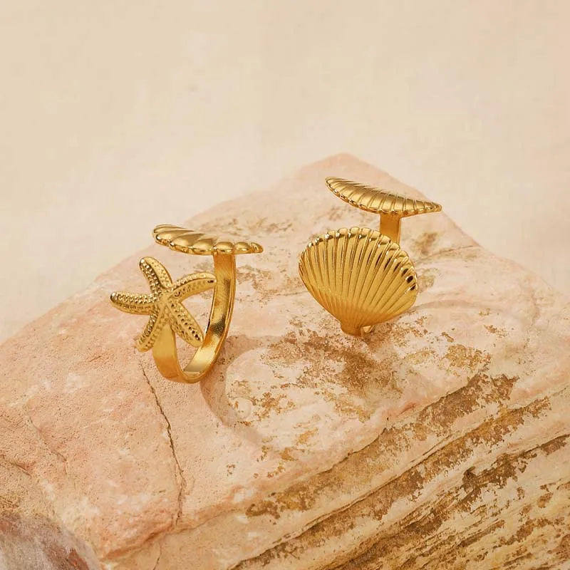 Stainless Steel Shell Finger Rings for Women Men Fashion Gold Color Starfish Opening Adjustable Rings Party Jewelry Accessories