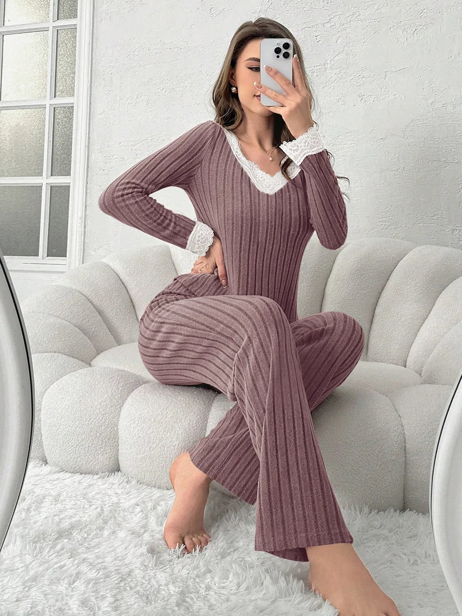 Women Autumn Winter Fashion Comfort Long Sleeve Home Clothes Two Piece Set Casual Style V Neck Lace Pit Strip Knitted Pajamaset