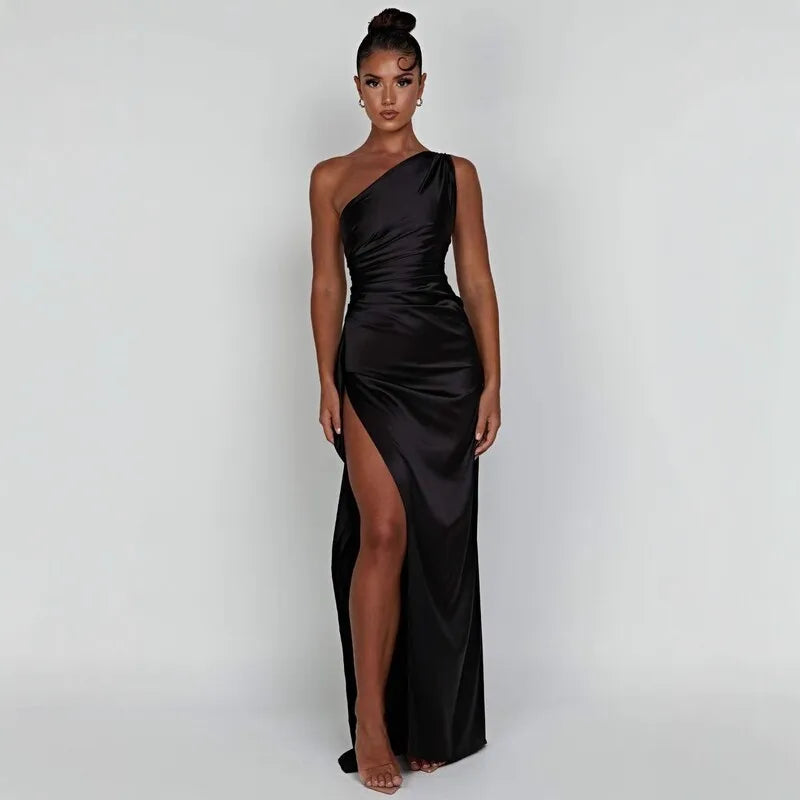 New women's one shoulder sloping collar backless slit satin pleated elegant cocktail party evening prom dress