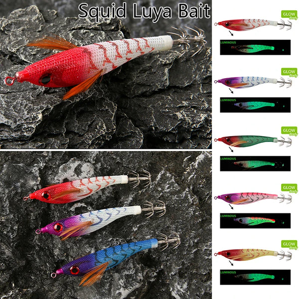 Luminous Colorful Floating Fishing Bait Squid Jig Artificial Fishing Lure Squid Hook Wood Shrimp Fishing Bait Octopus Cuttlefish