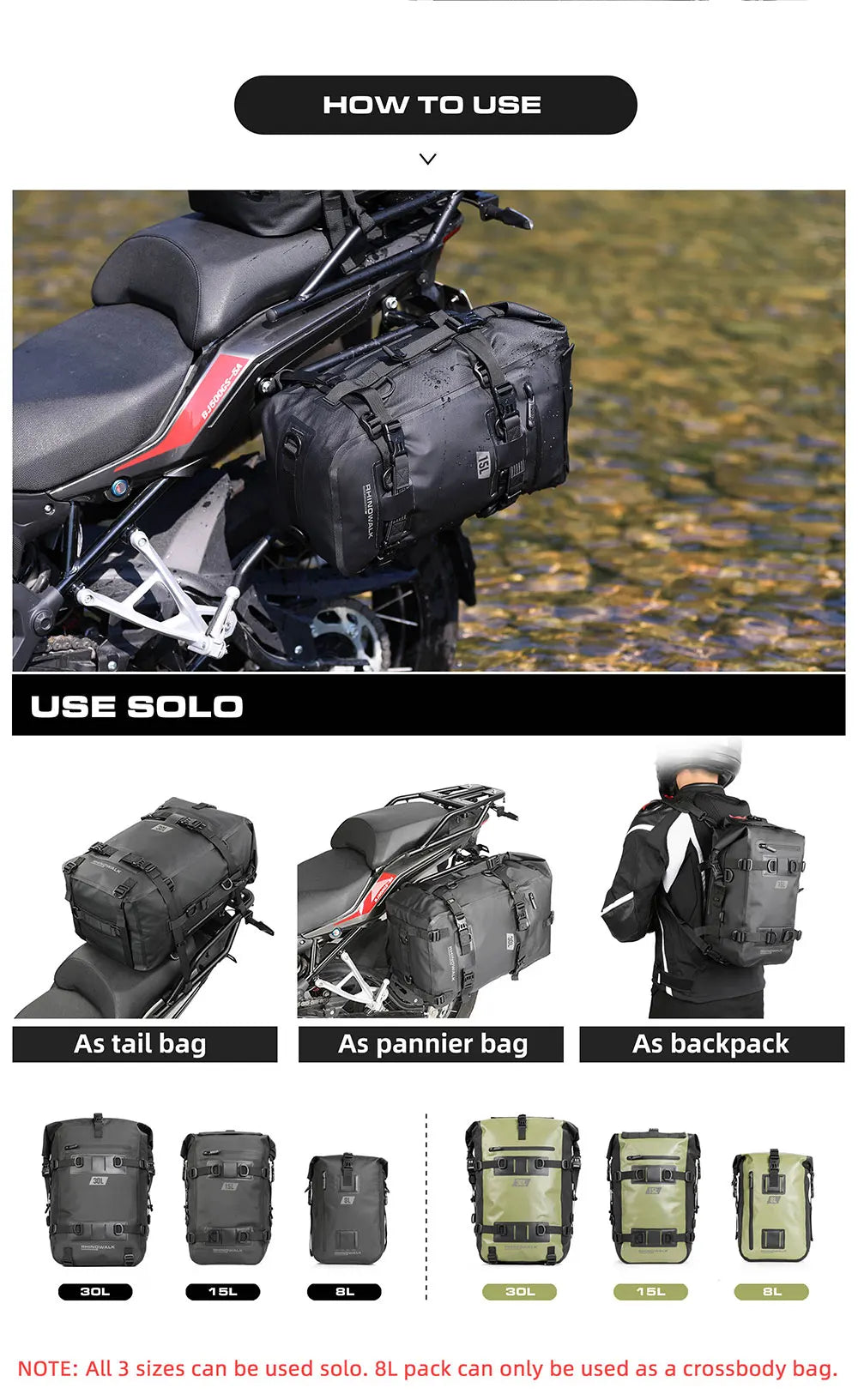 Rhinowalk Motorcycle Tail Bag 100%Waterproof Cycling Backpack 8L 15L 30L Motor Side Saddle Pack Travel Luggage Box Accessories