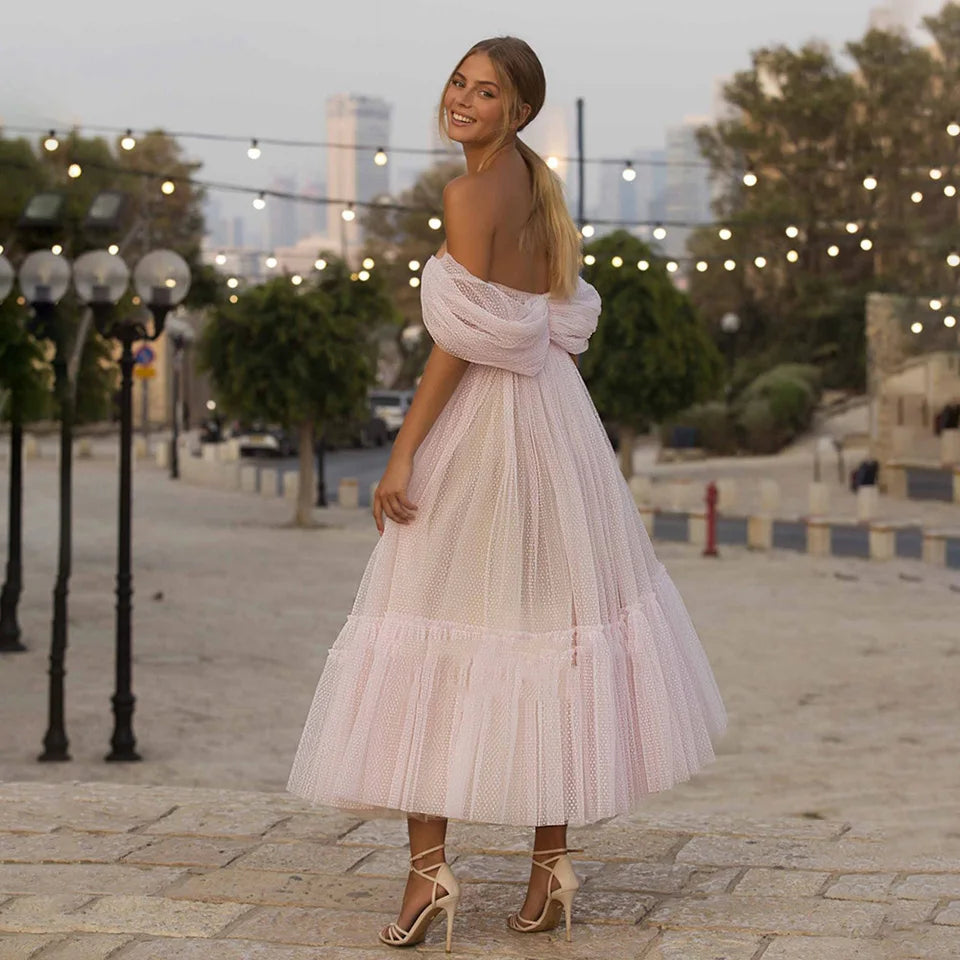 Bohemian Pink Prom Dresses 2025 Off The Shoulder A-Line Party Dresses Pleated Tea-Length Tulle Formal Gowns Beach Evening Dress