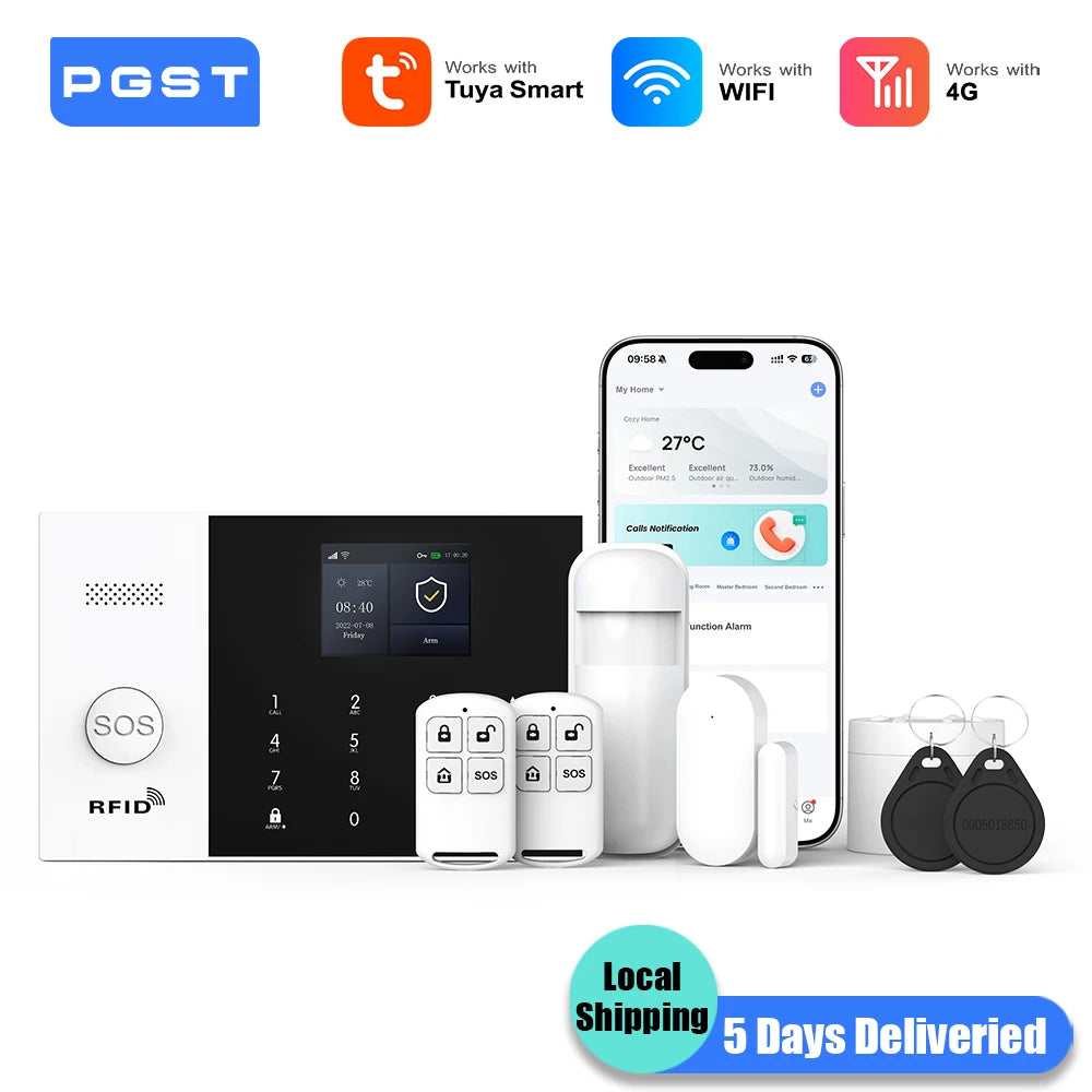 PGST 4G WiFi Security Protection House Alarm System Tuya Alexa Alarm Security System Kit Set Smart Life Home Door Motion Sensor