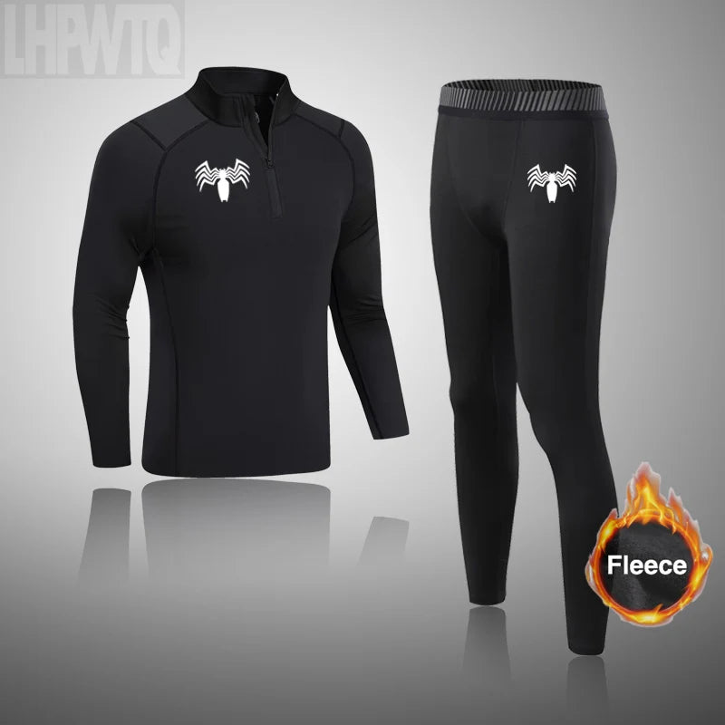 High Collar Men's Sports Ski Thermal Underwear Set Suits Gym Compression Suit Running Men Ski Thermal Bottom Fleece Clothes