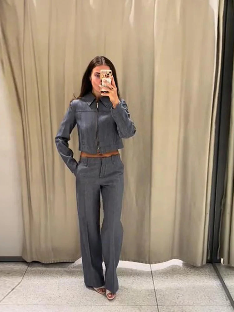 Women's Outwear 2 Piece Set Coats Pants Zipper Short Jackets Straight-Leg Trouser Autumn New Out Suits Casual Woman Clothes