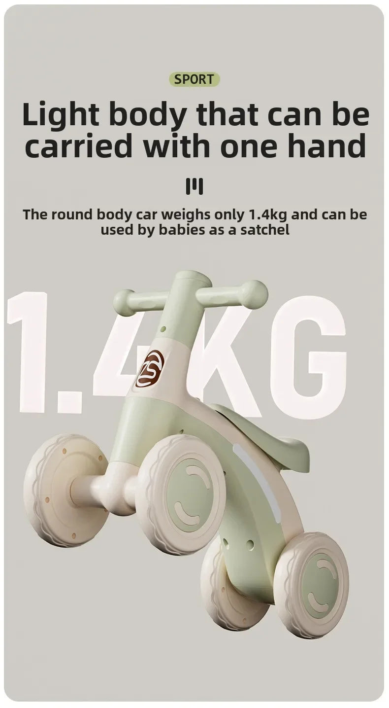 Anti-Tip Baby Balance Bike Ages 1-3 4-Wheel Silent Glider Walker Toy Toddler Training Ride-On with Safety Wheels Indoor Outdoor