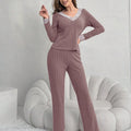 Women Autumn Winter Fashion Comfort Long Sleeve Home Clothes Two Piece Set Casual Style V Neck Lace Pit Strip Knitted Pajamaset