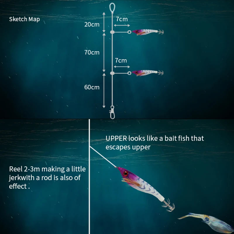 Luminous Colorful Floating Fishing Bait Squid Jig Artificial Fishing Lure Squid Hook Wood Shrimp Fishing Bait Octopus Cuttlefish