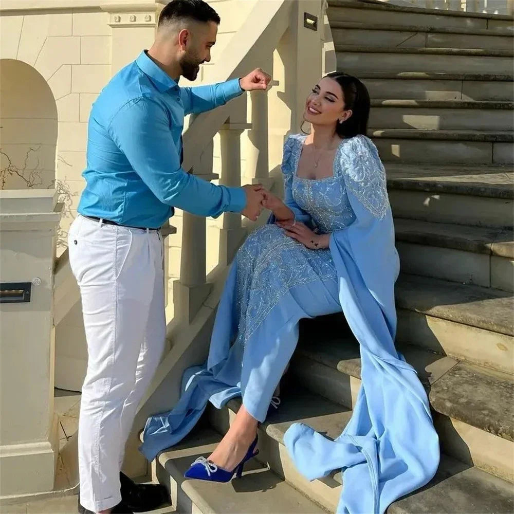 Prom Dress فستان سهرة نسائي Square Neck Long Sleeve Satin Formal Classic Occasion Evening Gown Islamic فساتين مناسبة حسب الطلب