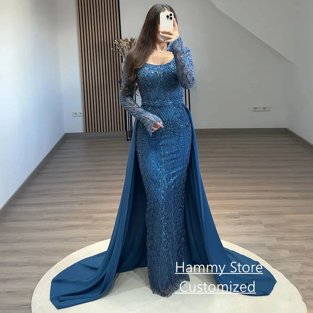 Prom Dress with Detachable Train Customized Scoop Neck Full Sleeves Beading Sparkling Lace Evening Dresses Party Gowns