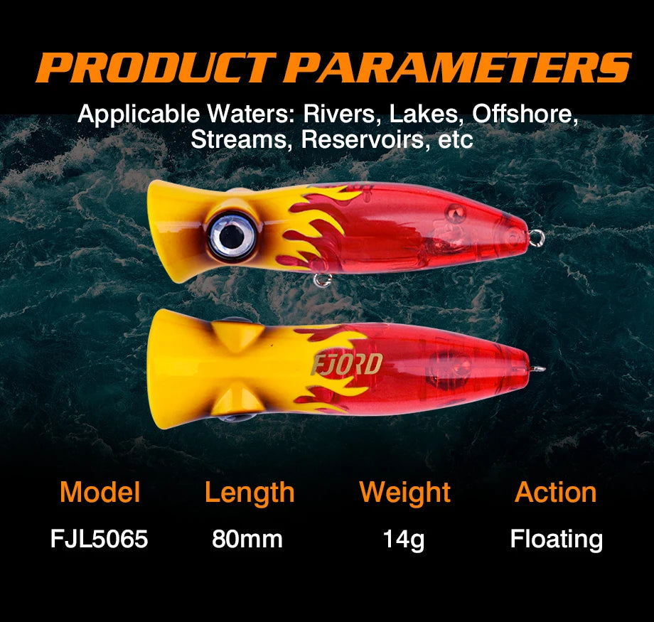 FJORD 80mm 14g Popper Glow Fishing Lure Swimbait Floating Hard Baits Pike Bass Sea Saltwater Surface Walker Fishing Supplies