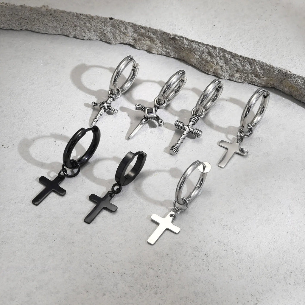 Vnox Single Stainless Steel Men Cross Punk Dangle Earrings High-end Fashion Hoop Earrings For Boys Ear Jewelry Friendship Gifts