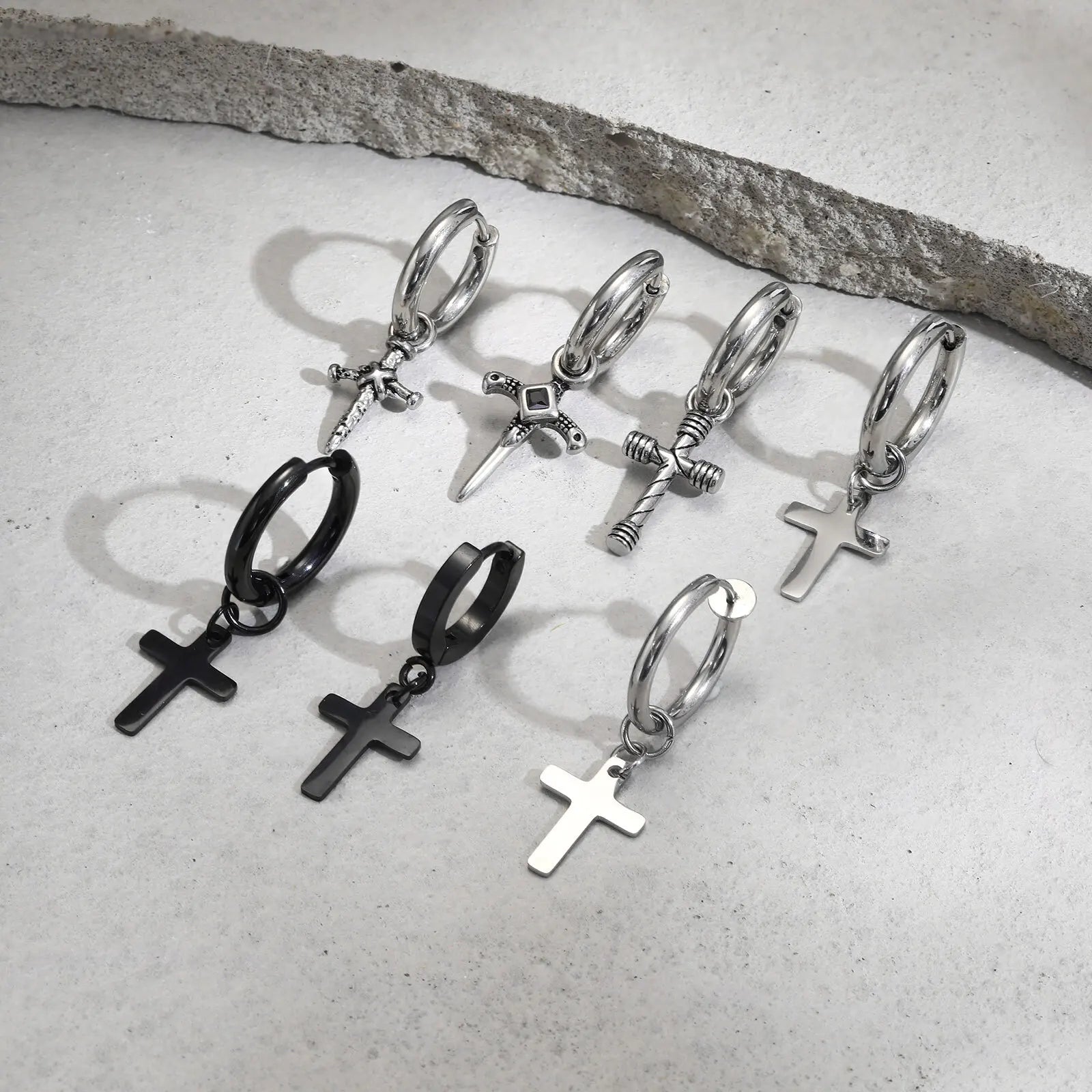 Vnox Single Stainless Steel Men Cross Punk Dangle Earrings High-end Fashion Hoop Earrings For Boys Ear Jewelry Friendship Gifts
