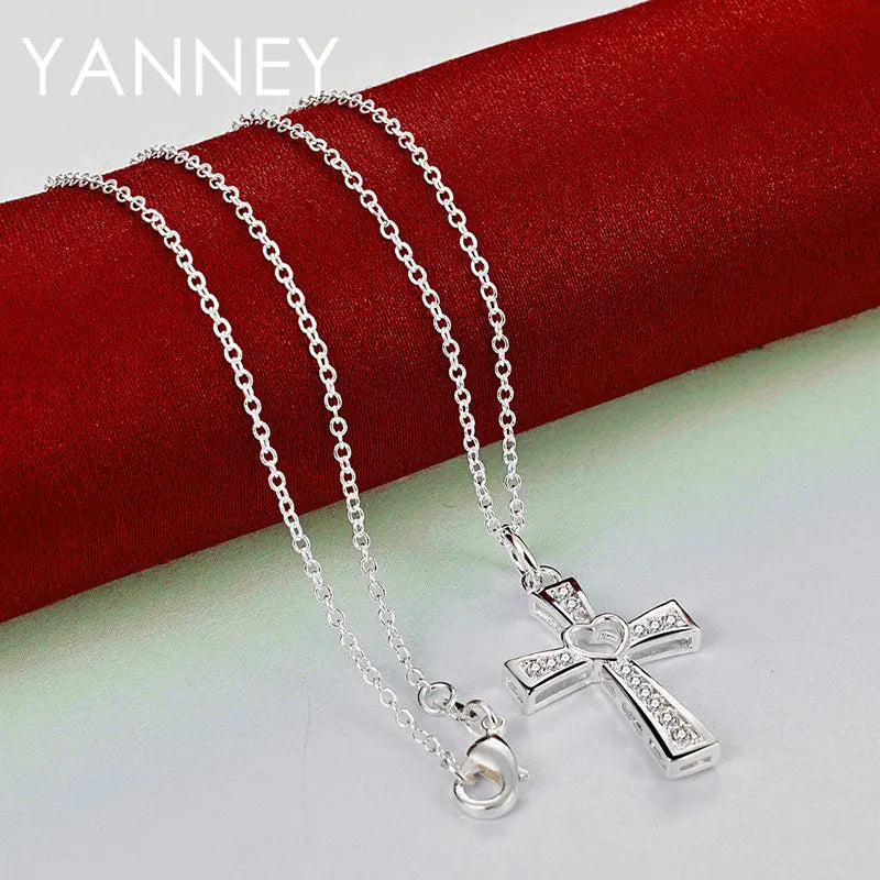 925 Sterling Silver 16-30 Inch Luxury Women's Heart Shape Hollow Cross Necklace Elegant Party Wedding Fashion Gift