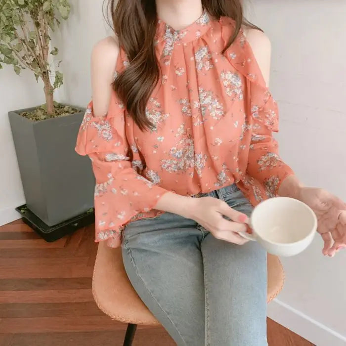 Fashion Woman Off Shoulder Blouse Shirts For Women Stylish Top long Sleeve Female Tops Elegant Chiffon Mujer Woman Clothes
