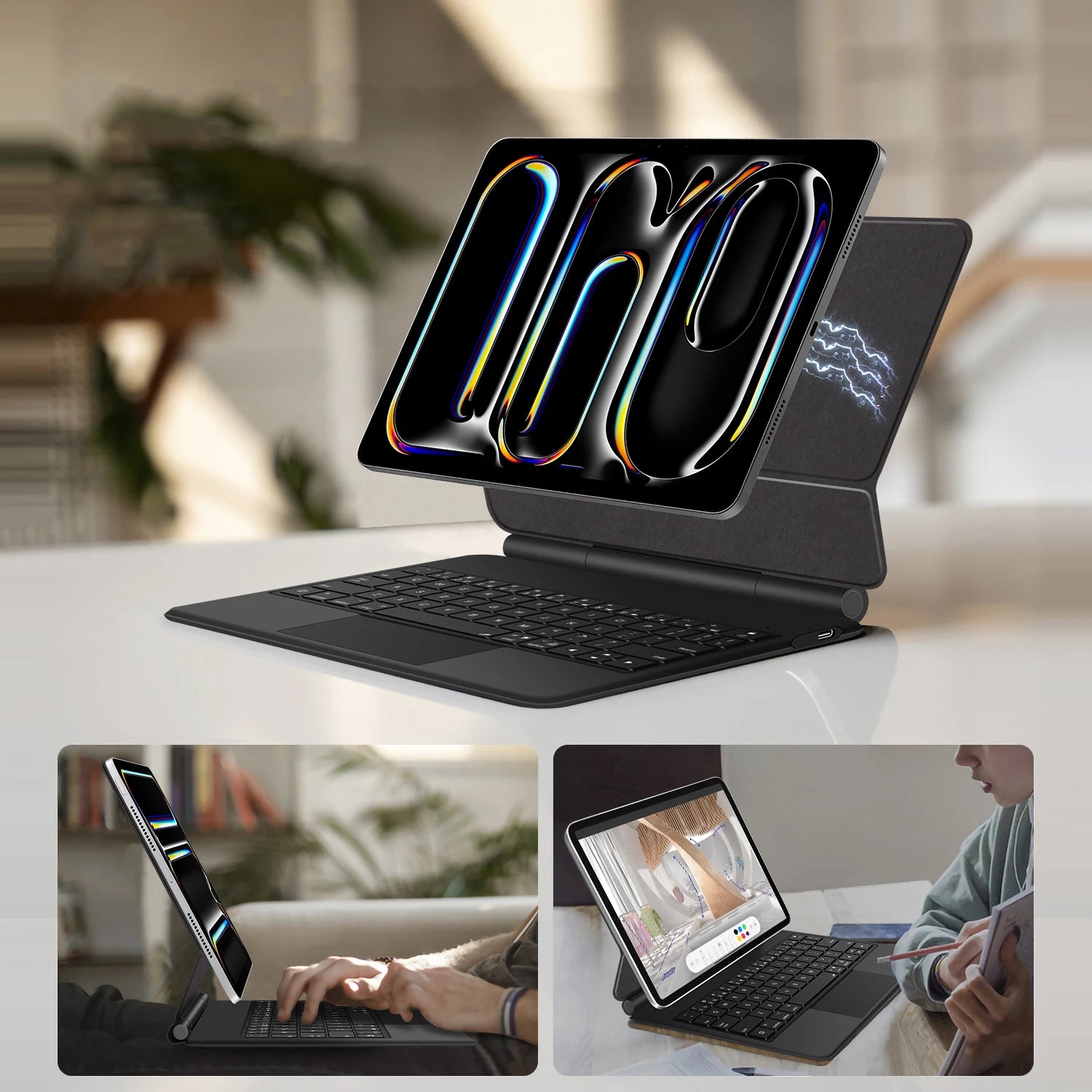 AJIUYU Smart Pogo Pin Magic Keyboard For iPad Air 11 inch M3 M2 Pro 13 M4 12.9 6th 5th 4th 10.9 7th Smart Case Direct Connection