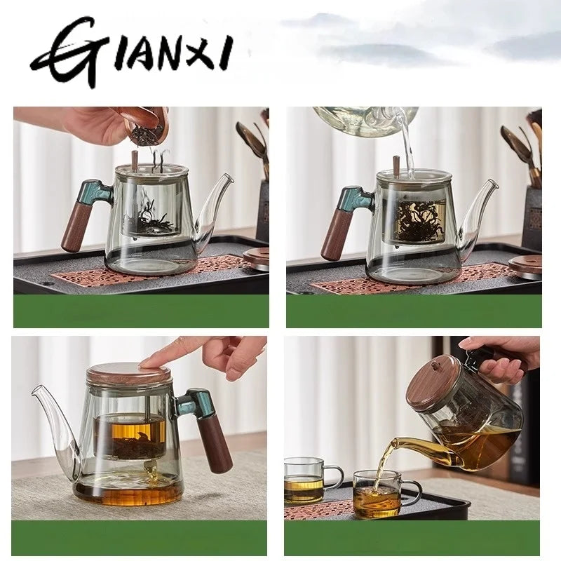 GIANXI Wooden Handle Flowing Teapot Tea Separation Cup Full Glass Inner Bubble Teapot Household Press Filter Tea Set Tea Cup