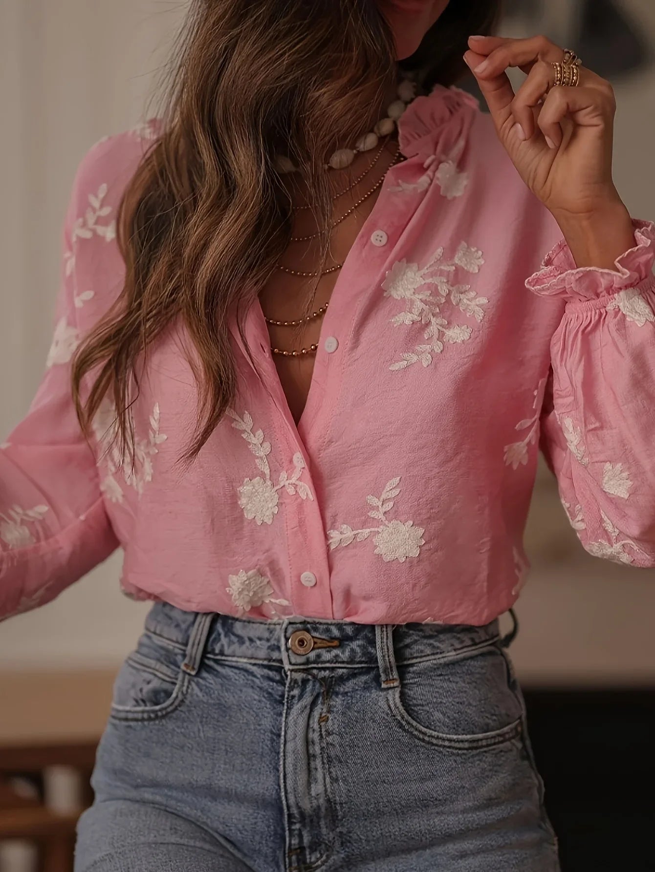 Women's Clothing 2025 Spring Autumn Fashion Casual Long-sleeved Printed Blouse with A Collar and Puff Sleeves Office Lady Shirt