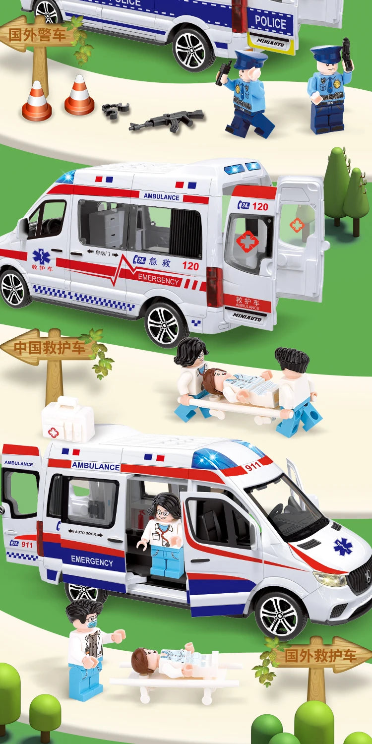 1:24 Ambulance Car Toys Alloy Car Model Diecast Metal Police Ambulance Sound Light Simulation Collectible Model Car Kids Gifts